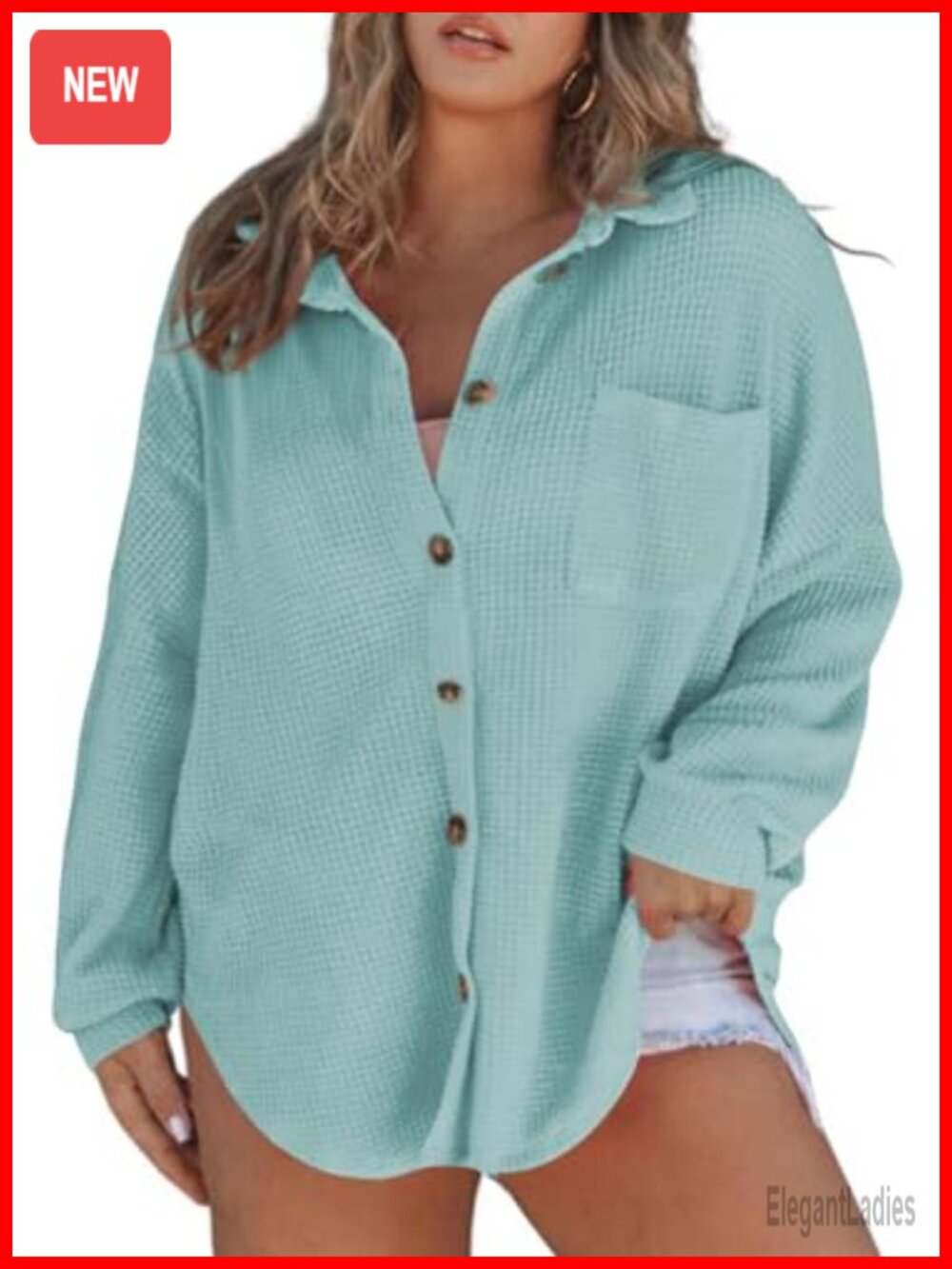 Plus Size Waffle Knit Button Down Shacket Oversized Boyfriend Shirt